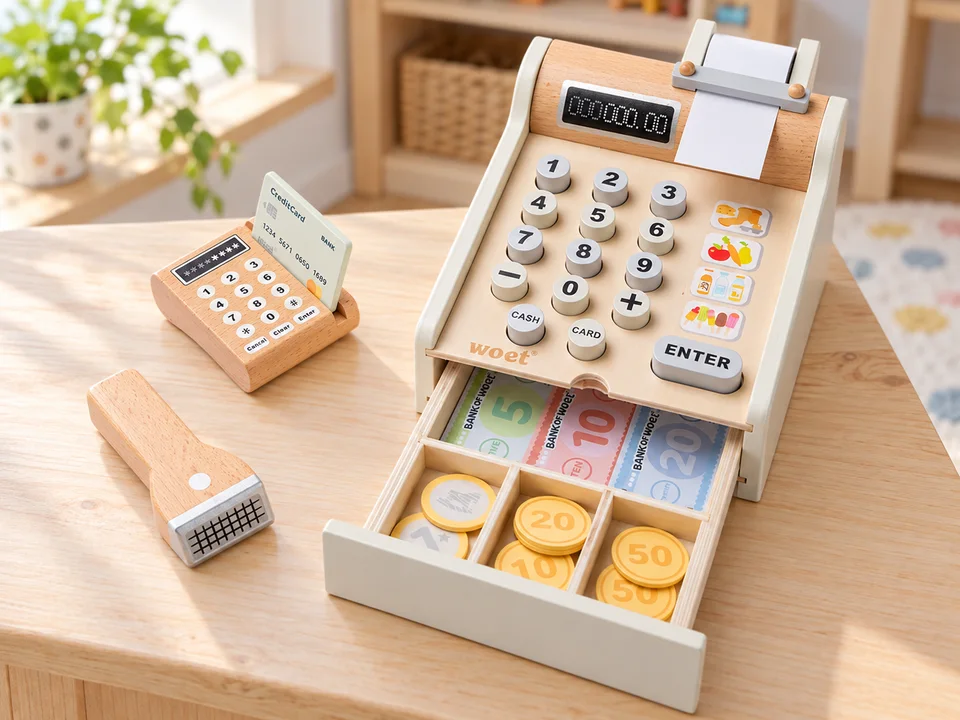 Caisse enregistreuse en bois avec scanner et lecteur de carte, mise en scène illustrée
